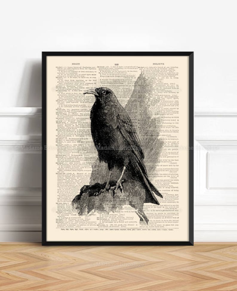 May include: Black and white illustration of a crow perched on a rock, set against a background of vintage text from a dictionary page. The text includes the words "Begin", "Bid", and "Believe".