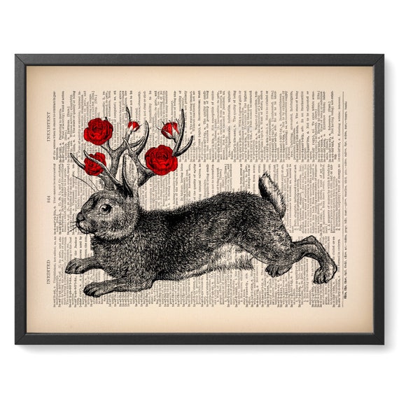 JACKALOPE Print, Jackalope Art Print, Rabbit Rose Antlers