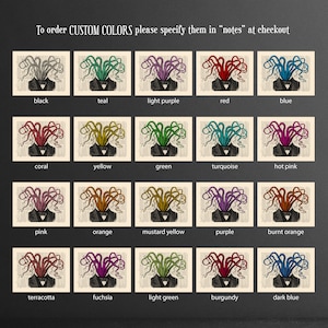 May include: A chart of 20 different color options for a custom octopus illustration. The octopus is wearing a tuxedo and has its tentacles up in the air. The colors include black, teal, light purple, red, blue, coral, yellow, green, turquoise, hot pink, pink, orange, mustard yellow, purple, burnt orange, terracotta, fuchsia, light green, burgundy, and dark blue.