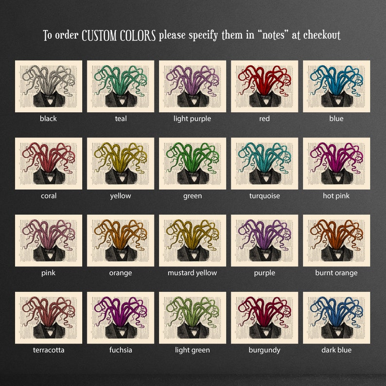 May include: A chart of 20 different color options for a custom octopus illustration. The octopus is wearing a tuxedo and has its tentacles up in the air. The colors include black, teal, light purple, red, blue, coral, yellow, green, turquoise, hot pink, pink, orange, mustard yellow, purple, burnt orange, terracotta, fuchsia, light green, burgundy, and dark blue.