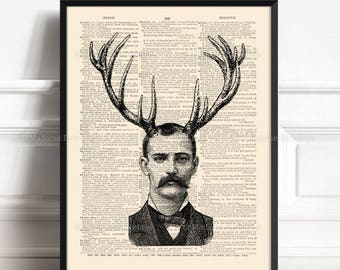 Victorian Man Cave Anthropomorphic Art Deer in Suit Boyfriend Gift Weird Collage Oddities Masculine Wall Decor Mustache Cool Dictionary V435