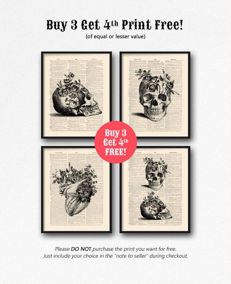 K&ouml;nnte beinhalten: Vier Schwarzwei&szlig;-Vintage-anatomische Illustrationen eines Sch&auml;dels und Herzens mit floralen Akzenten. Der Text "Buy 3 Get 4th FREE!" ist in Rot dargestellt. Der Text "(of equal or lesser value)" ist in Schwarz dargestellt. Der Text "Buy 3 Get 4th FREE!" ist in Rot dargestellt. Der Text "Please DO NOT purchase the print you want for free. Just include your choice in the "note to seller" during checkout." ist in Schwarz dargestellt.