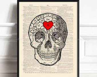 May include: A black and white anatomical illustration of a human skull with a red heart in the center of the forehead. The skull is superimposed on a page of text from an old book.