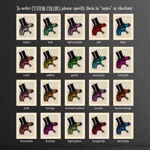 May include: A chart showing 18 different color options for a dinosaur wearing a top hat. The colors include black, teal, light purple, red, blue, coral, yellow, green, turquoise, hot pink, pink, orange, mustard yellow, purple, burnt orange, terracotta, fuchsia, light green, burgundy, and dark blue.