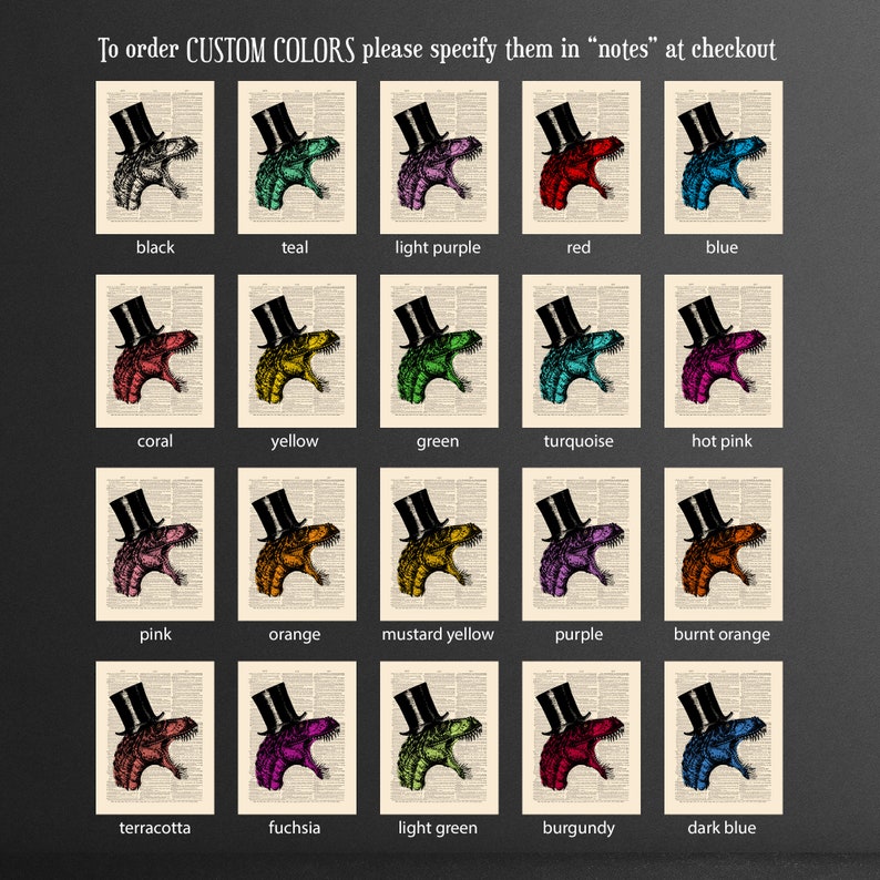 May include: A chart showing 18 different color options for a dinosaur wearing a top hat. The colors include black, teal, light purple, red, blue, coral, yellow, green, turquoise, hot pink, pink, orange, mustard yellow, purple, burnt orange, terracotta, fuchsia, light green, burgundy, and dark blue.