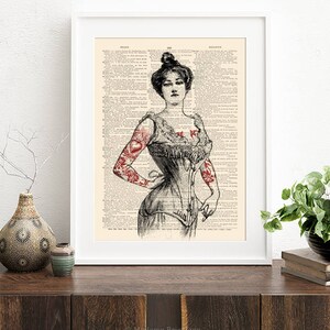May include: A black and white illustration of a woman wearing a corset and a dress with red hearts tattooed on her arms. The image is printed on a vintage book page with text in the background. The text reads "BRIGHT" and "SALIENT".