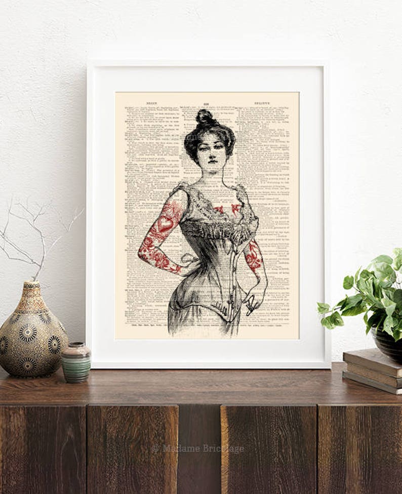 May include: A black and white illustration of a woman wearing a corset and a dress with red hearts tattooed on her arms. The image is printed on a vintage book page with text in the background. The text reads "BRIGHT" and "SALIENT".