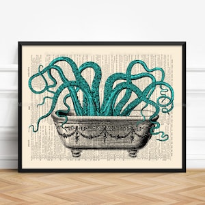 Octopus in a Tub, Ocean Decor, Nautical Wall Art, Nautical Nursery Decor Tropical Decor, Coastal Decor Beach Octopus Lover Gift TURQUOISE 79