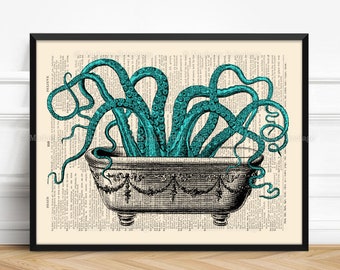 Octopus in a Tub, Ocean Decor, Nautical Wall Art, Nautical Nursery Decor Tropical Decor, Coastal Decor Beach Octopus Lover Gift TURQUOISE 79