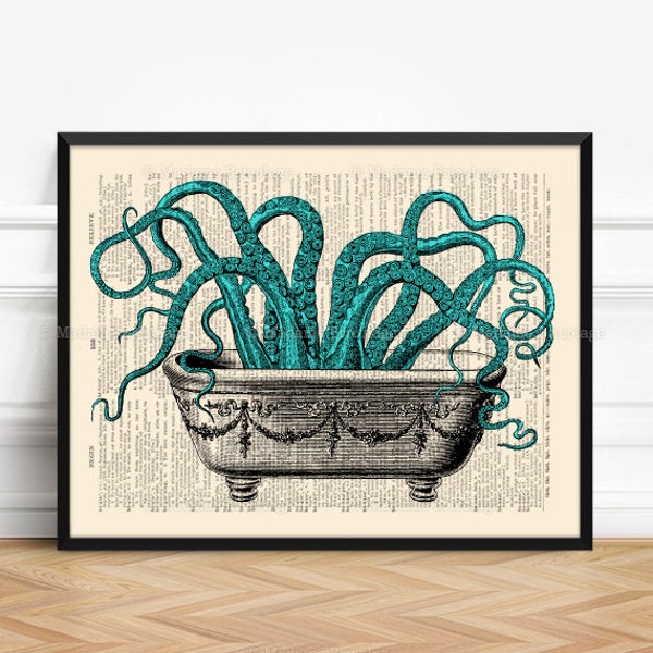 Octopus in a Tub, Ocean Decor, Nautical Wall Art, Nautical Nursery Decor Tropical Decor, Coastal Decor Beach Octopus Lover Gift TURQUOISE 79