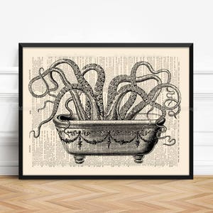 Octopus Dictionary Art Print, Octopus Art, Octopus Print , Bathroom Art, Bathroom Decor Upcycled Book Page Octopus in Bathtub no.79 image 1