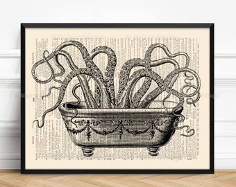 Octopus Dictionary Art Print, Octopus Art, Octopus Print , Bathroom Art, Bathroom Decor Upcycled Book Page Octopus in Bathtub no.79