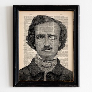 May include: Black and white portrait of Edgar Allan Poe, created using text from a vintage dictionary. The image is framed in a black frame.