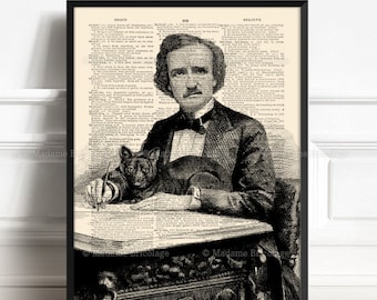 May include: Black and white illustration of Edgar Allan Poe sitting at a desk with a black cat on his lap. He is writing with a quill pen and the text "BEGIN" and "BELIEVE" are visible on the page.