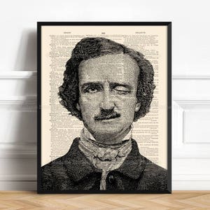 May include: Black and white illustration of a man with a mustache and a winking eye. The illustration is printed on a page of a vintage book.