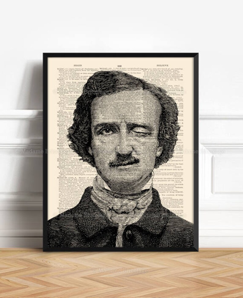 May include: Black and white illustration of a man with a mustache and a winking eye. The illustration is printed on a page of a vintage book.