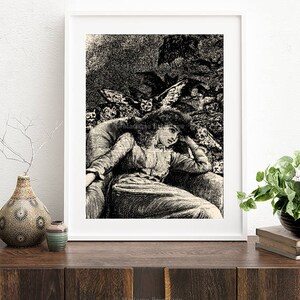 May include: A black and white illustration of a woman sitting in a chair with owls flying around her. The woman is wearing a long dress and has her hair pulled back. The owls are all different sizes and have large, round eyes.