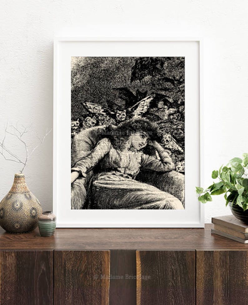 May include: A black and white illustration of a woman sitting in a chair with owls flying around her. The woman is wearing a long dress and has her hair pulled back. The owls are all different sizes and have large, round eyes.