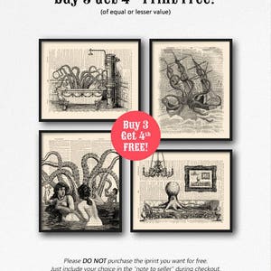 May include: Four black and white vintage illustrations of an octopus. The first image shows an octopus in a bathtub. The second image shows an octopus attacking a ship. The third image shows an octopus with two women in the water. The fourth image shows an octopus on a couch. The text "Buy 3 Get 4th FREE!" is in red.
