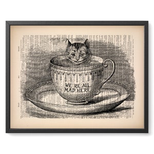 CHESHIRE CAT Coworker Gift Alice in Wonderland Print On Vintage Dictionary Page We Are All Mad Here 104