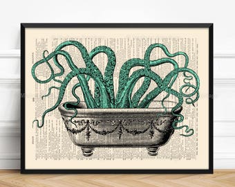 Octopus In Bathtub, Kraken Wall Decor, Tentacles Bathroom, Girl Xmas Gift, Cool Mom Gift, Gift For Her Print, Funny Tentacles, Beach 126