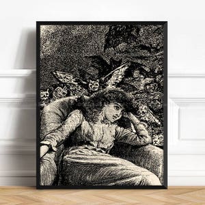 May include: A black and white illustration of a woman sitting in a chair with owls flying around her. The woman is looking up at the owls with a worried expression on her face.