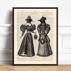 May include: Two women in Victorian-era dresses with bird heads. The women are standing side-by-side, and the image is printed on a page of a vintage book.