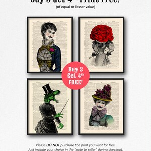 Puede incluir: Cuatro ilustraciones de estilo vintage de personas con cabezas de animales. Las ilustraciones son en blanco y negro con toques de color. El texto "Buy 3 Get 4th Print Free!" est&aacute; en la parte superior de la imagen. El texto "Buy 3 Get 4th FREE!" est&aacute; en un cuadro rojo en el medio de la imagen. El texto "Please DO NOT purchase the print you want for free. Just include your choice in the "note to seller" during checkout." est&aacute; en la parte inferior de la imagen.