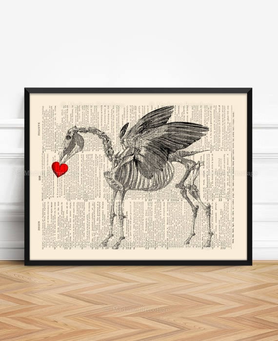 Pegasus Bones Print, Mythology Poster, Goth Art Poster, Mythical Creature, 2nd Year Anniversary Coworker Woman Gift Valentine Gift Print 469