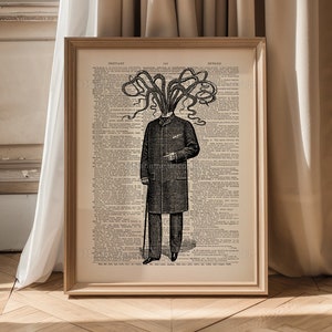 May include: A black and white illustration of a man with an octopus for a head. The man is wearing a suit and a top hat. The illustration is printed on a vintage book page with text.