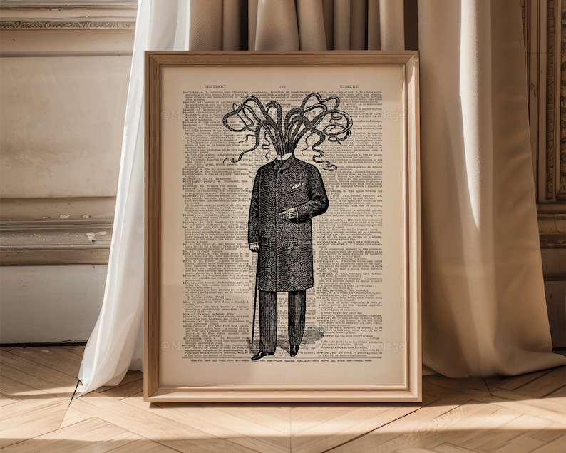 May include: A black and white illustration of a man with an octopus for a head. The man is wearing a suit and a top hat. The illustration is printed on a vintage book page with text.