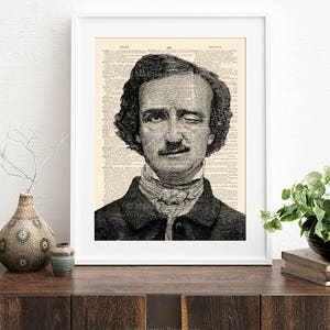 May include: Black and white illustration of Edgar Allan Poe with a winking eye and a mustache. The illustration is printed on a vintage book page.