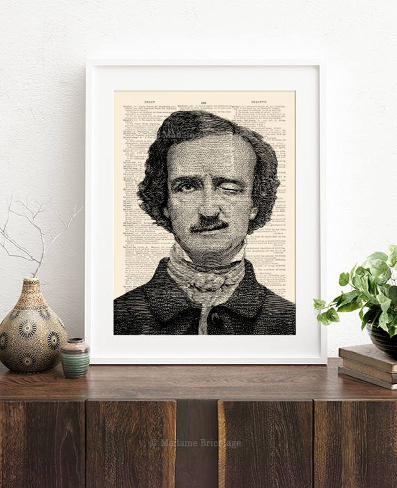 May include: Black and white illustration of Edgar Allan Poe with a winking eye and a mustache. The illustration is printed on a vintage book page.