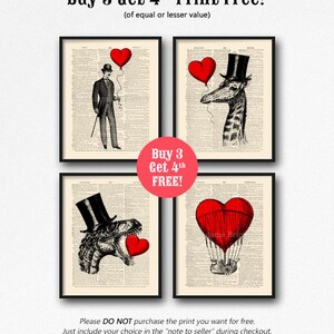 May include: Four framed prints with a vintage book page background. Each print features a different animal wearing a top hat and holding a red heart-shaped balloon. The text "Buy 3 Get 4th FREE!" is displayed in red on a white background.