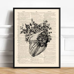 May include: A black and white anatomical heart illustration with flowers growing from it, superimposed on a vintage dictionary page. The text on the page includes the words "Begin", "Bid", and "Believe".