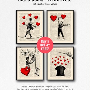 May include: Four vintage-style prints featuring circus performers with red hearts. The prints are framed in black and have a white background. The text "Buy 3 Get 4th FREE!" is displayed at the top of the image. The text "Buy 3 Get 4th FREE!" is also displayed in a red circle in the center of the image.