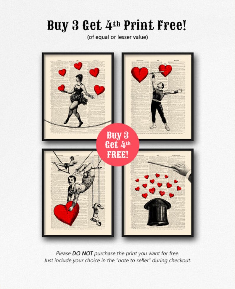 May include: Four vintage-style prints featuring circus performers with red hearts. The prints are framed in black and have a white background. The text "Buy 3 Get 4th FREE!" is displayed at the top of the image. The text "Buy 3 Get 4th FREE!" is also displayed in a red circle in the center of the image.
