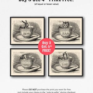 K&ouml;nnte beinhalten: Vier Schwarzwei&szlig;illustrationen von Figuren aus Alice im Wunderland, jede in einer Teetasse. Der Text in den Bildern lautet "Have some more tea", "We're all mad here", "Curiouser and curiouser" und "It's always tea time".