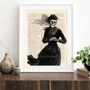 May include: A black and white illustration of a skeleton wearing a Victorian-era dress and hat. The image is printed on a vintage dictionary page with the text "Madame Bricolage" visible.