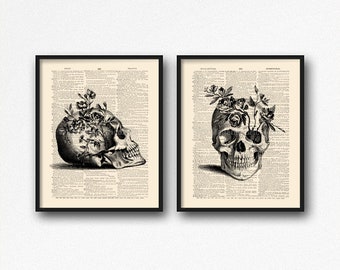 Floral Skull Art, Dictionary Skull, Mystery Poster Pack, Skull Print Set, Sugar Skull Kitchen, Coworker Gift Set, Geeky Women Gift, Cool S32