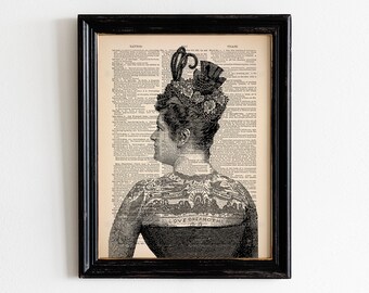 Tattooed Lady Poster, Victorian Woman with Tattoos, Traditional Tattoo Salon Print, Victorian Gothic Poster, Tattoo Artist Gift 041