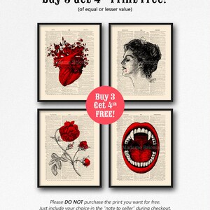Puede incluir: Cuatro impresiones de estilo vintage con ilustraciones anat&oacute;micas rojas de un coraz&oacute;n con rosas, una rosa, la cara de una mujer con una gota de sangre y una boca con colmillos. Las impresiones est&aacute;n enmarcadas en negro y tienen un fondo blanco. El texto "Buy 3 Get 4th FREE!" est&aacute; en rojo.