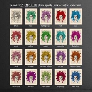 May include: A chart of 18 different color options for a Medusa print. The print features a woman with snakes for hair. The colors include black, teal, light purple, red, blue, coral, yellow, green, turquoise, hot pink, pink, orange, mustard yellow, purple, burnt orange, terracotta, fuchsia, light green, burgundy, and dark blue.