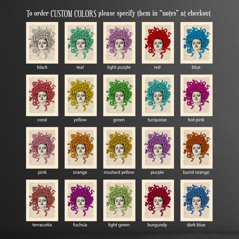 May include: A chart of 18 different color options for a Medusa print. The print features a woman with snakes for hair. The colors include black, teal, light purple, red, blue, coral, yellow, green, turquoise, hot pink, pink, orange, mustard yellow, purple, burnt orange, terracotta, fuchsia, light green, burgundy, and dark blue.