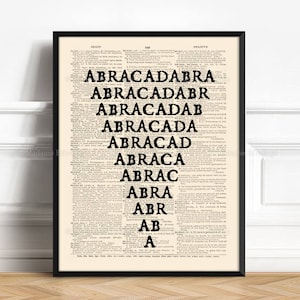 May include: A black and white printable art print with the word "ABRACADABRA" spelled out in a descending pyramid shape on a vintage dictionary page background.
