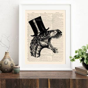 May include: A black and white illustration of a Tyrannosaurus Rex wearing a top hat. The illustration is printed on a vintage book page.