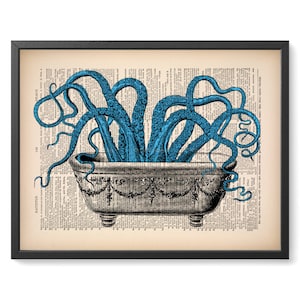 May include: A vintage illustration of a blue octopus in a white bathtub with ornate detailing. The image is printed on a page of a vintage book.