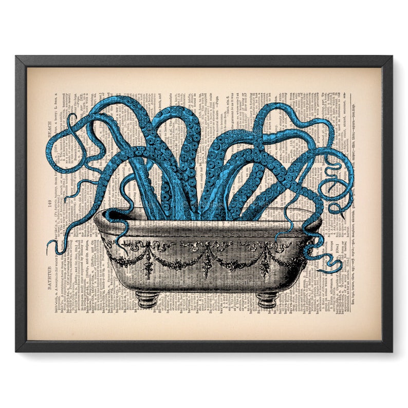 May include: A vintage illustration of a blue octopus in a white bathtub with ornate detailing. The image is printed on a page of a vintage book.