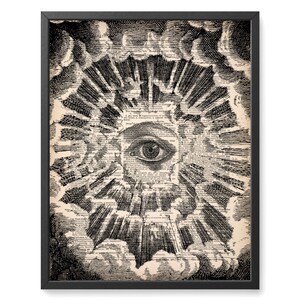 May include: A black and white illustration of an eye surrounded by rays of light and clouds. The eye is set against a background of text from an old book.