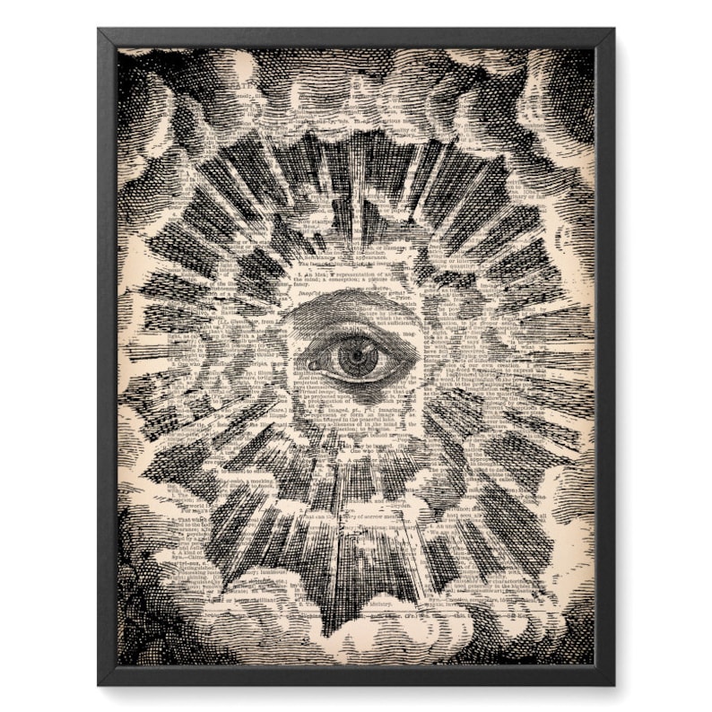May include: A black and white illustration of an eye surrounded by rays of light and clouds. The eye is set against a background of text from an old book.